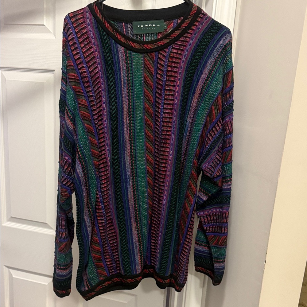 Tundra Multicolor Striped Crewneck Sweater — Purple, Green, Blue, Red, Black